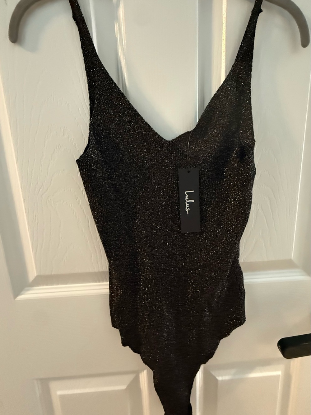 Lulu's Black Shimmer V-Neck Strappy Bodysuit
